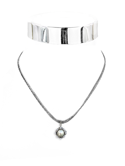 Collier Halbperle Seidenkordel 40 cm